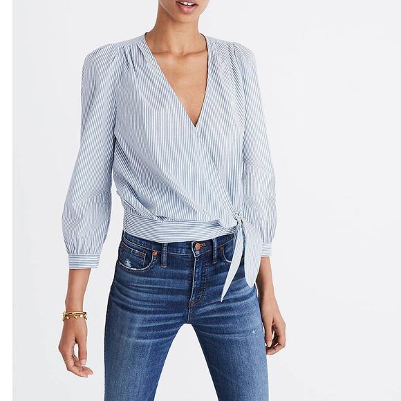 Madewell 2XS Blue White Striped Wrap Tie Blouse Top 3/4 Sleeves Cotton VNeck - Picture 11 of 11